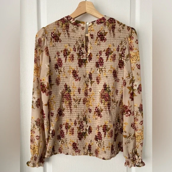 CLEO-Floral Smocked Blouse | Long Sleeve Sheer Boho Top | Size Small - Picture 7 of 14